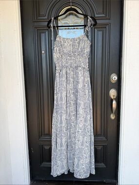 Smocked Paisley Maxi Dress in Blue and White